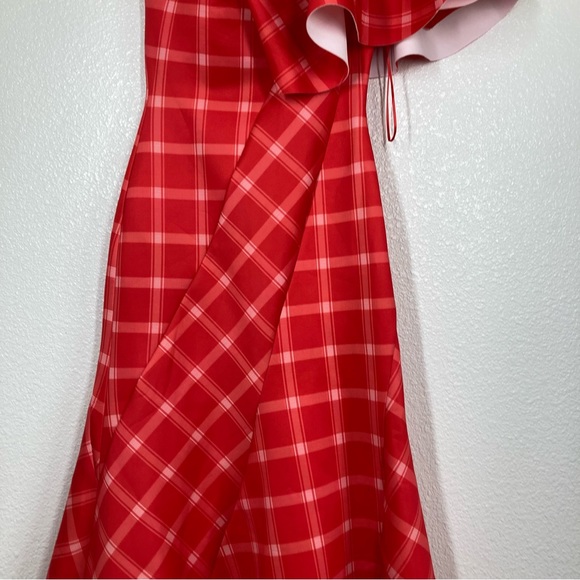 Asos peanut Girls One Shoulder Plaid Midi Dress Size 2 Red shawl Sleeve NWT - Picture 7 of 16